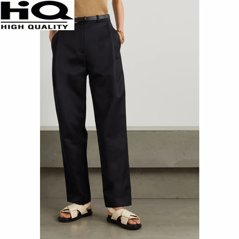 

Women Fashion Wool Blend With Belt High Waist Casual Straight Pants