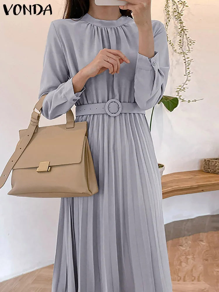 

Элегантное офисное платье VONDA с длинным рукавом, Женский однотонный длинный сарафан с высокой талией, повседневные платья, Халат