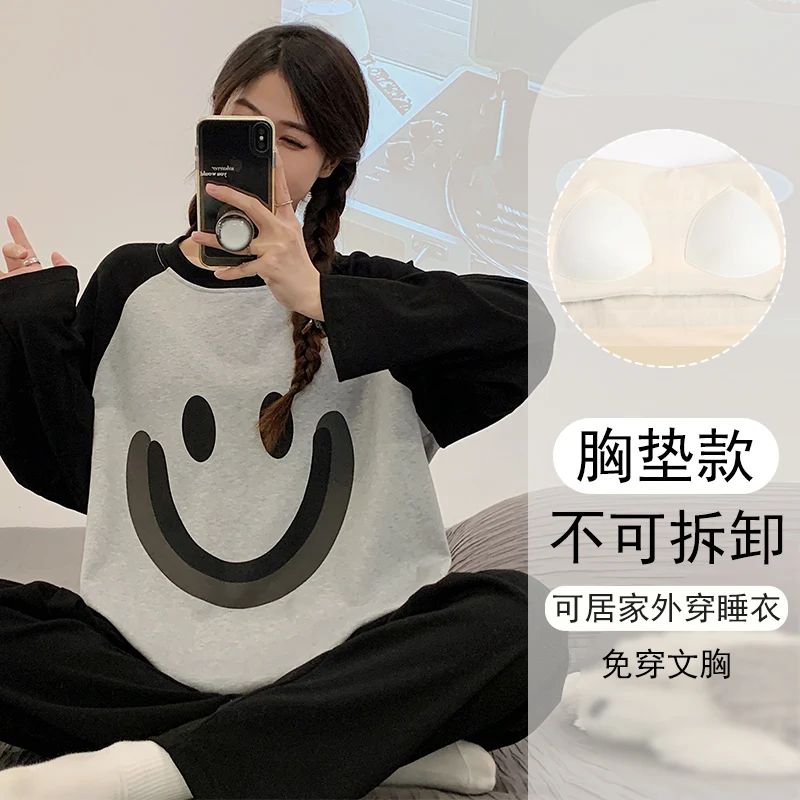 Spring and Autumn New Women Smiley Pajamas Long sleeve Trousers Set two piece Plus size Internet Red Sle Casual Home Wear