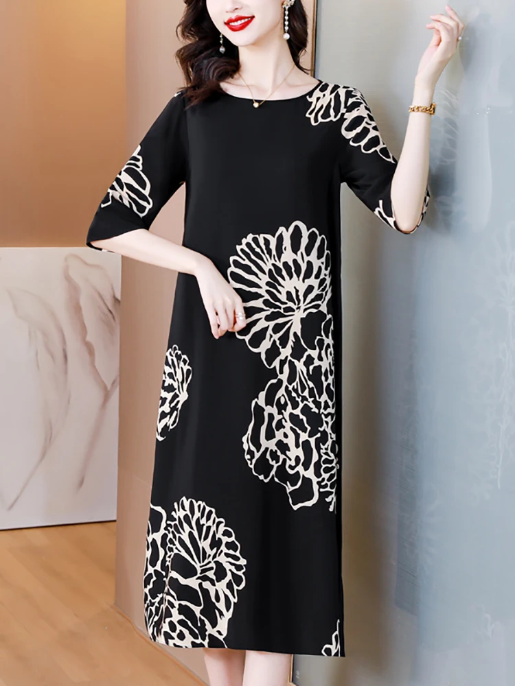 

Женское винтажное платье с коротким рукавом, черное шелковое платье с цветочным принтом, Элегантное повседневное домашнее платье свободного покроя в Корейском стиле Хепберн, Новинка лета 2023