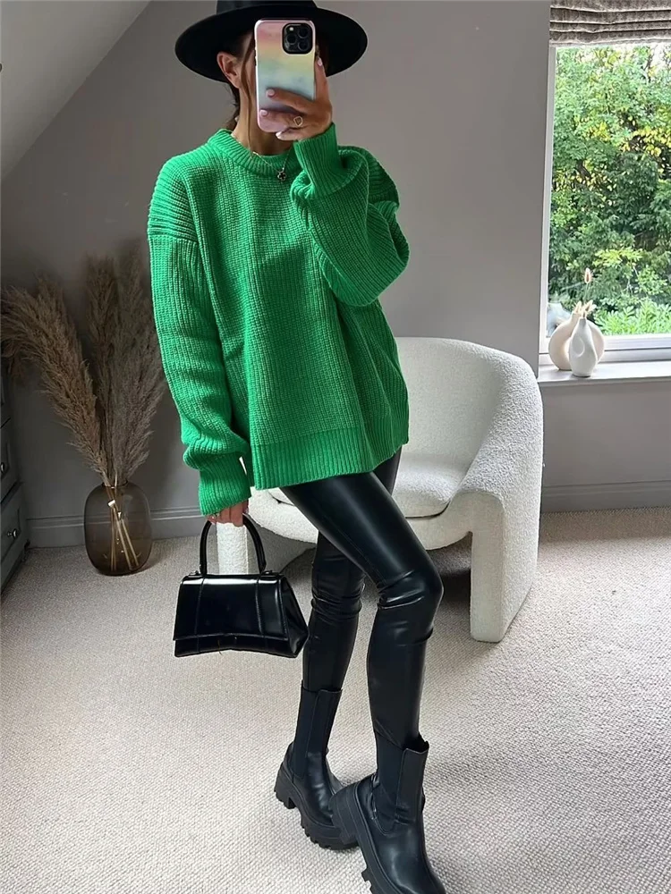 

Свитер женский оверсайз с круглым вырезом, однотонный, на зиму