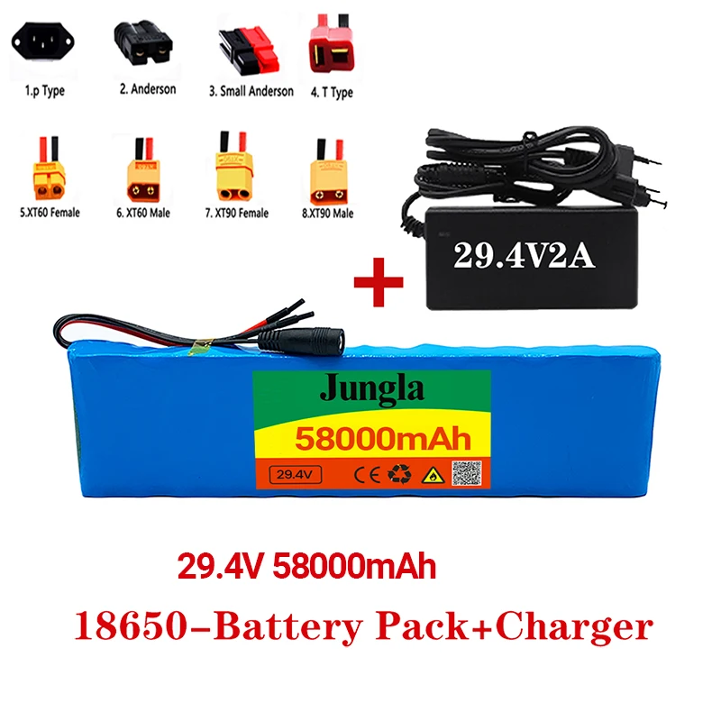

New 7s2p battery pack 29.4V 58000mah lithium ion battery with 20A balanced BMS electric bicycle scooter with charger