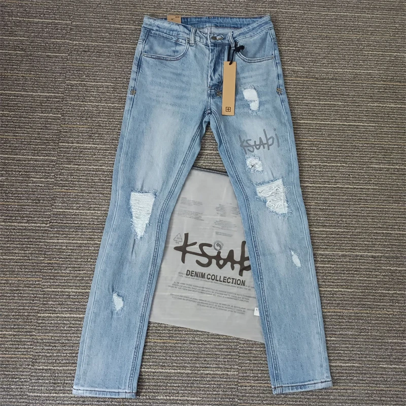Черные синие модные мужские джинсы KSUBI Cross Brand High Street Hole Trend с низкой посадкой узкие