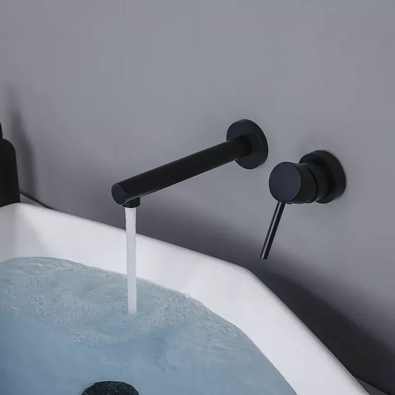 

Modern Hot And Cold Wall-Mount Faucet Round Single Hole Switch Ceramic Valve Bathroom Sink Faucet In Alba Matt Black