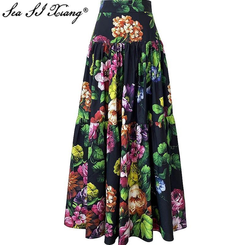Seasixiang Fashion Designer Spring Sicily 100% Cotton Skirt Women High Waist Flowers Print  Bohemian Long Skirt