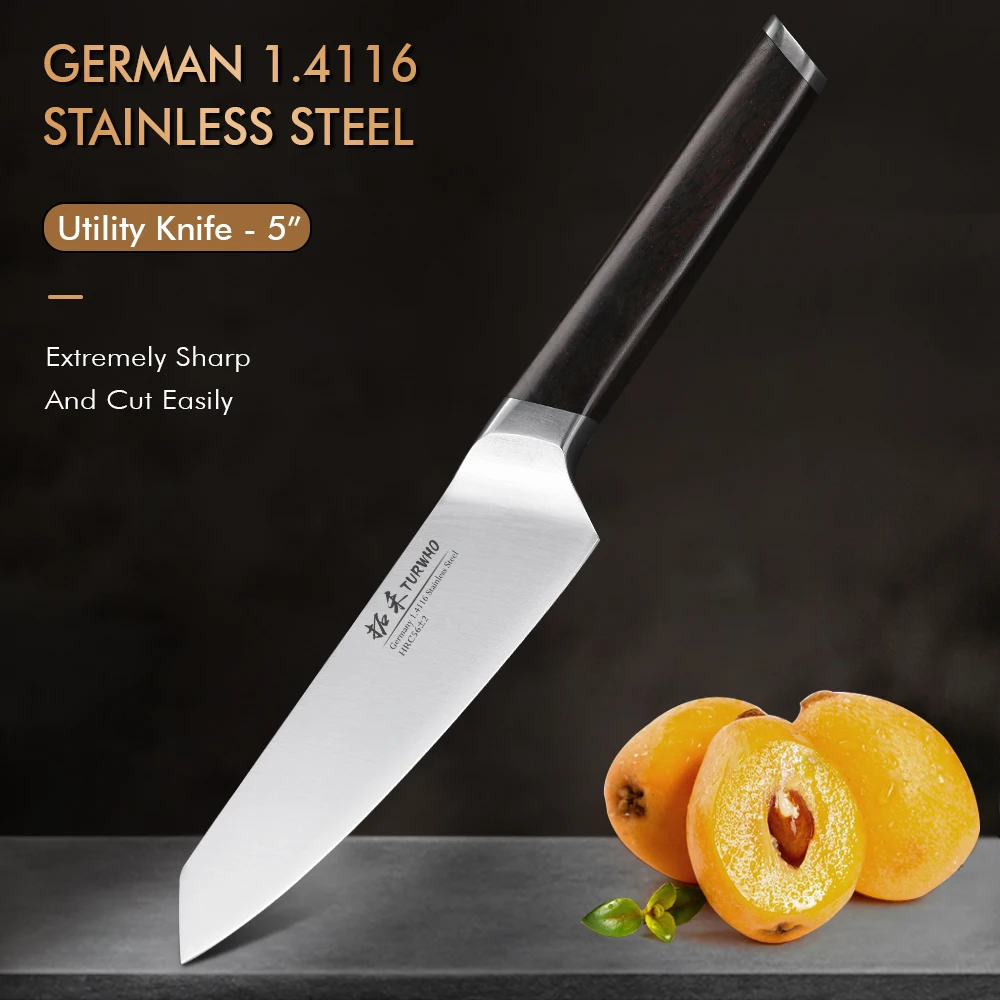 

TURWHO 5 Inch Kitchen Utility Knives German 1.4116 Stainless Steel Chef Knife Fruits Vegetables Slicing Kitchen Paring Tools