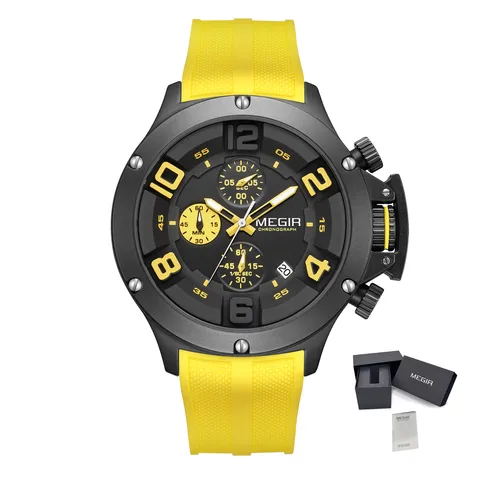 MEGIR Relogio Masculino роскошные кварцевые часы для мужчин Желтый силиконовый ремешок Военные Спортивные наручные часы хронограф с авто датой