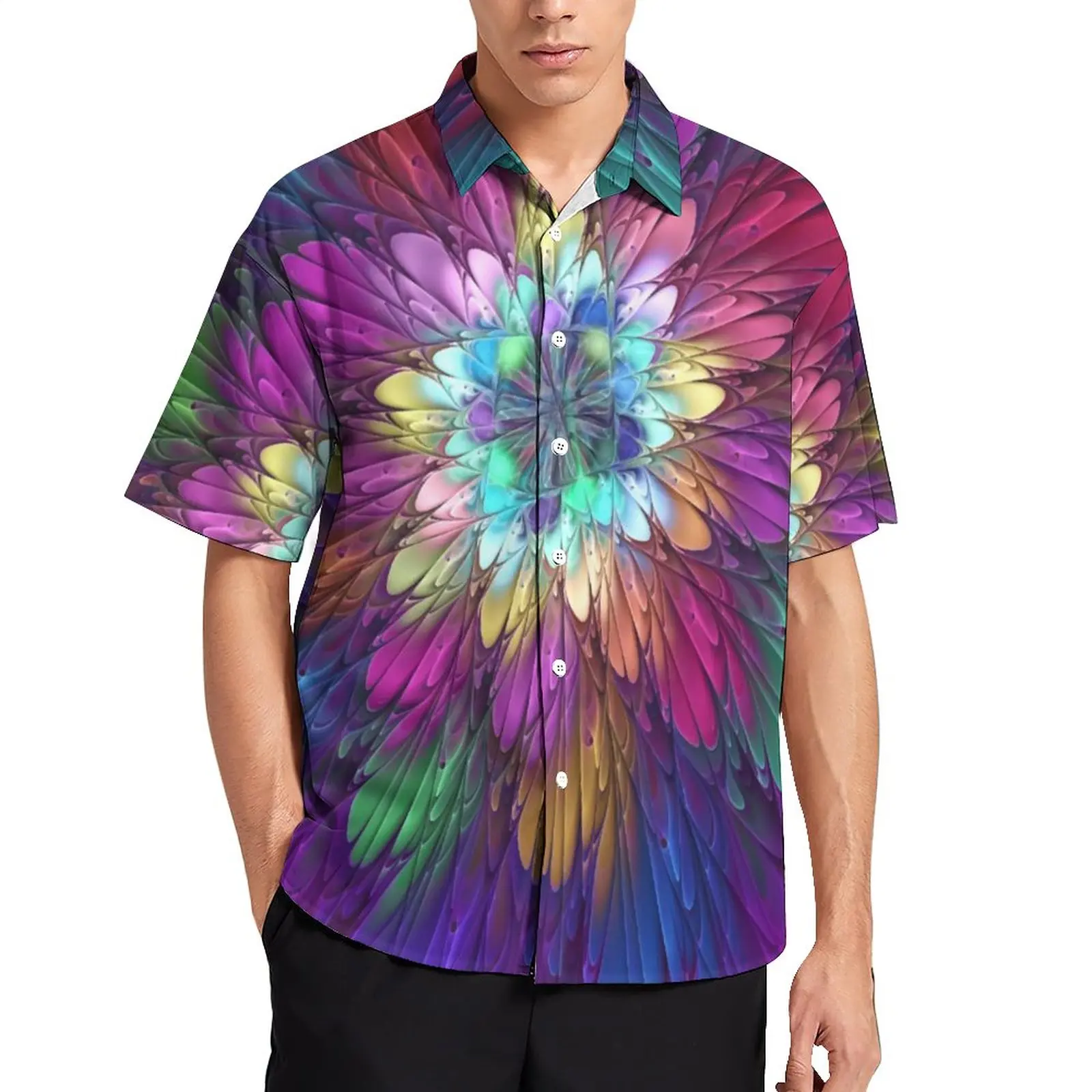 

Psychedelic Flower Beach Shirt Abstract Fractal Art Hawaiian Casual Shirts Retro Blouses Short Sleeve Custom Clothing Plus Size