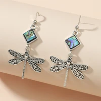 retro square inlaid natural stone shell earrings antique hand carved pattern dragonfly dangle earrings for women jewelry