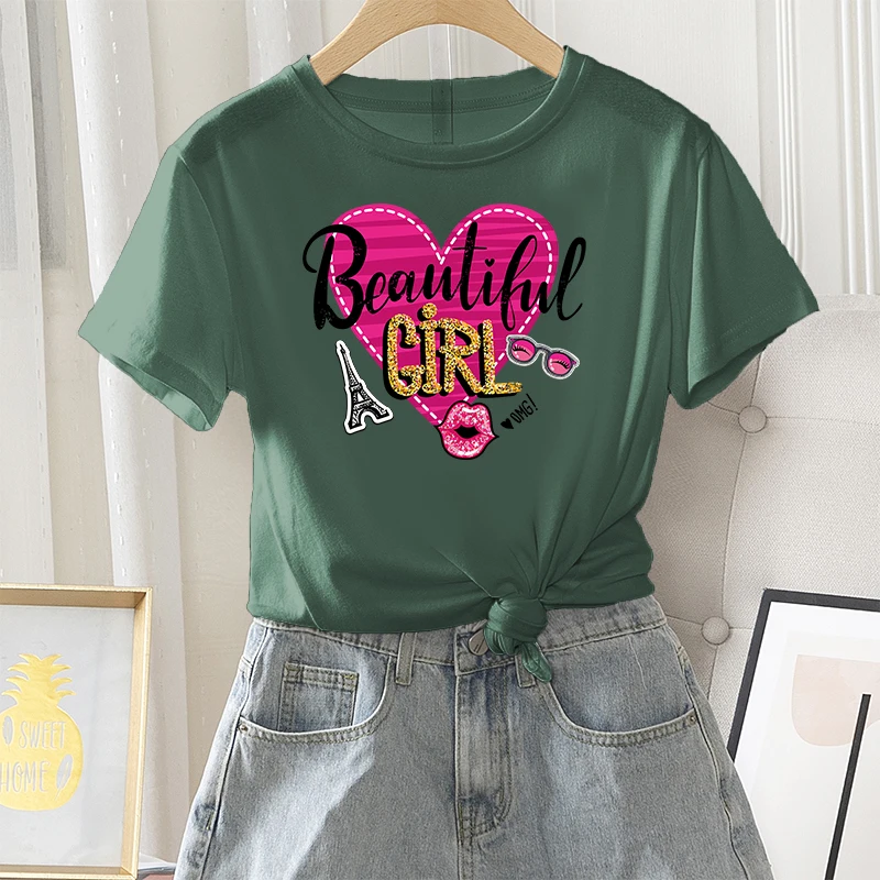 

Summer Daily Women Graphic T-shirt Female Fashion 100% Cotton Short Sleeve Heart Letter Print Ladies Regular Round Neck Tee Tops