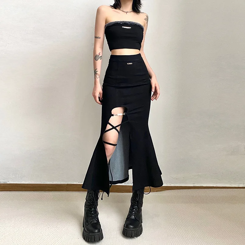 

Fishtail Skirt for Women Summer Spring Temperament Appear Thin Self-cultivation Bust Long Skirt Longuette Unique Design of Strap
