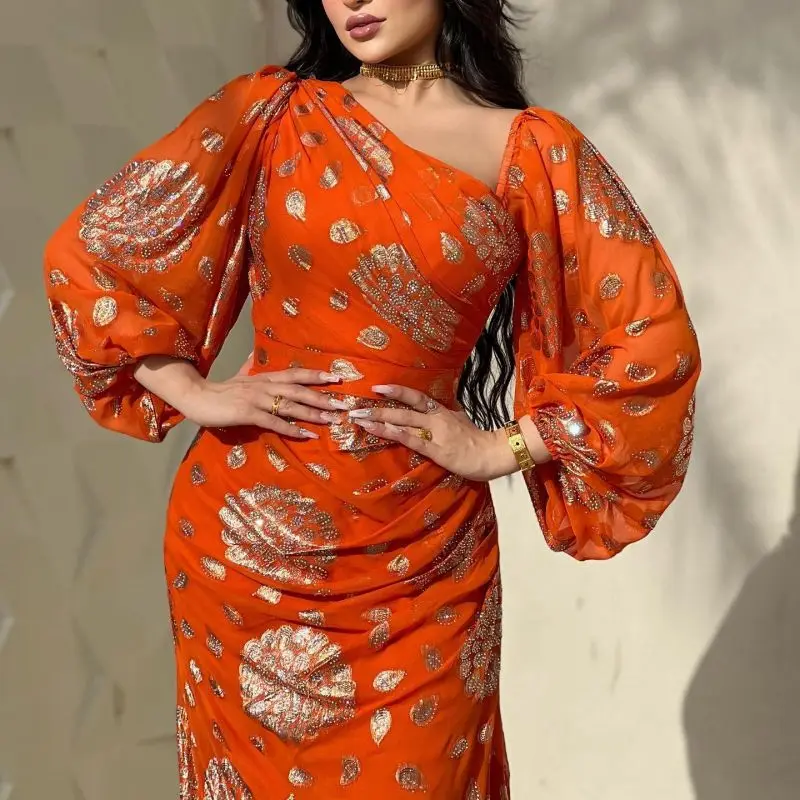 PLEINDI Bohemian Evening Dresses One-Shoulder Long Sleeves Mermaid Ankle-Length Chiffon 2022 New of Embroidery Boho Women Dress