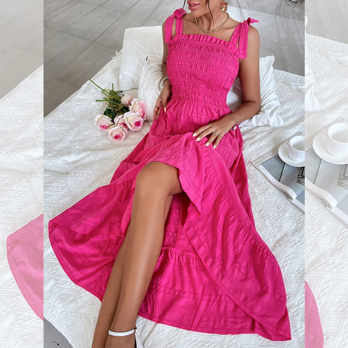 

Summer Fashion Design Traf Elegant Solid Casual Long Robe Ruffle Suspenders Dresses for Women 2022