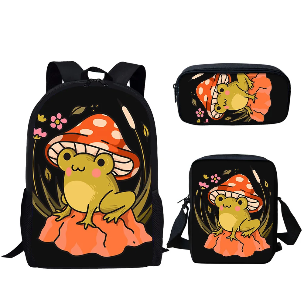 

3Pcs School Bag Set Funny Frog with Mushroom Hat Print Backpack for Teenager Girls Boys Student Book Bag Lunch Bag Pencil Bag