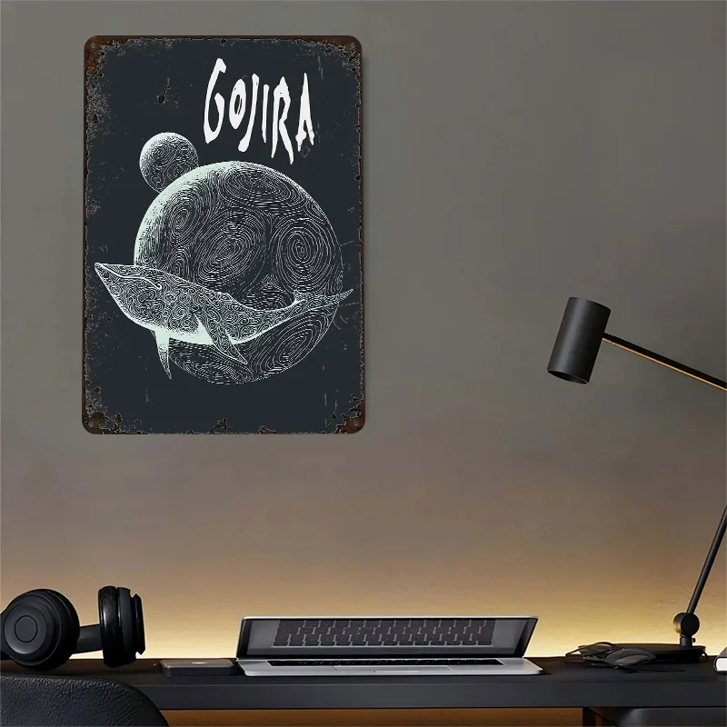 Фото Иллюстрация кита и луны Gojira, 3D-печатный текстурный постер, персонализированное настенное искусство, ретро-металлические таблички для декора гаража №4