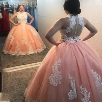 white lace pink quinceanera dress for 16 year ball gown sexy see through illusion button back puffy tulle debut gowns for lady
