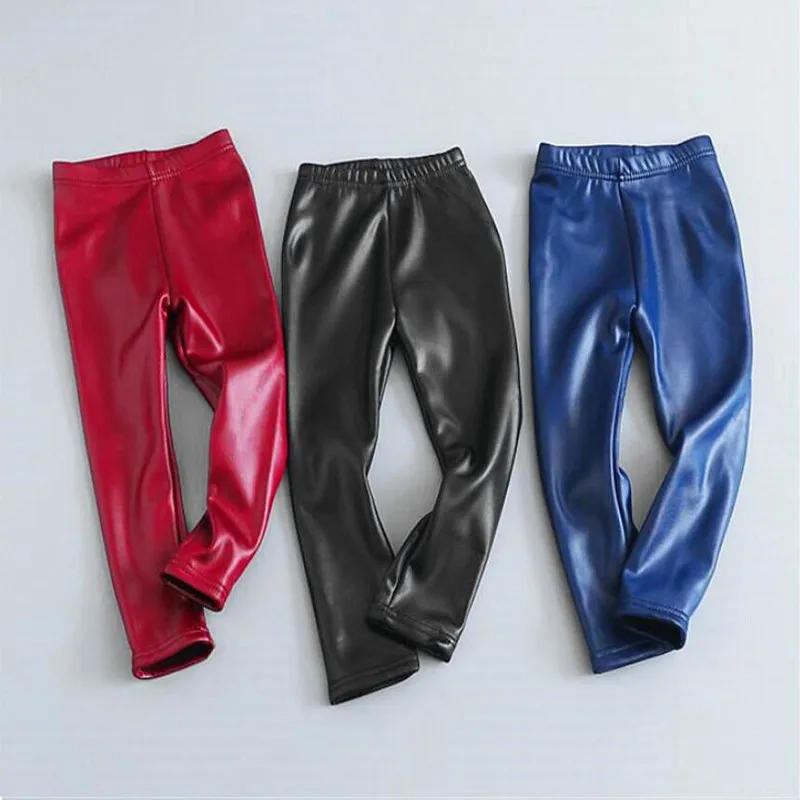 

Autumn and Winter Fleece Lined Padded Warm Keeping Imitation Leather Girls Slim Stretch Kidsleggings Leather Wholesale Pants