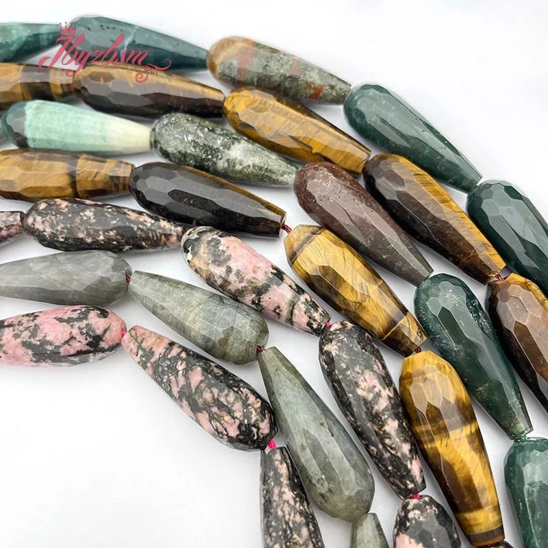 Natural Rhodonite Quartz Tiger Eye Beads Drop Faceted Stone DIY Strand 15 Inch For Jewelry Making Necklace Bracelets 10x30mm