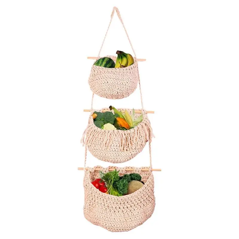 

New Home Kitchen Three Floors Fruit Hanging Basket Bohemian Decor Woven Vegetable And Fruit Net Bag Multifunctional Storage Net