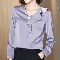 2022 spring and autumn ruffle top foreign style long sleeve shirt womens chiffon shirt solid color commuter shirtfd40h