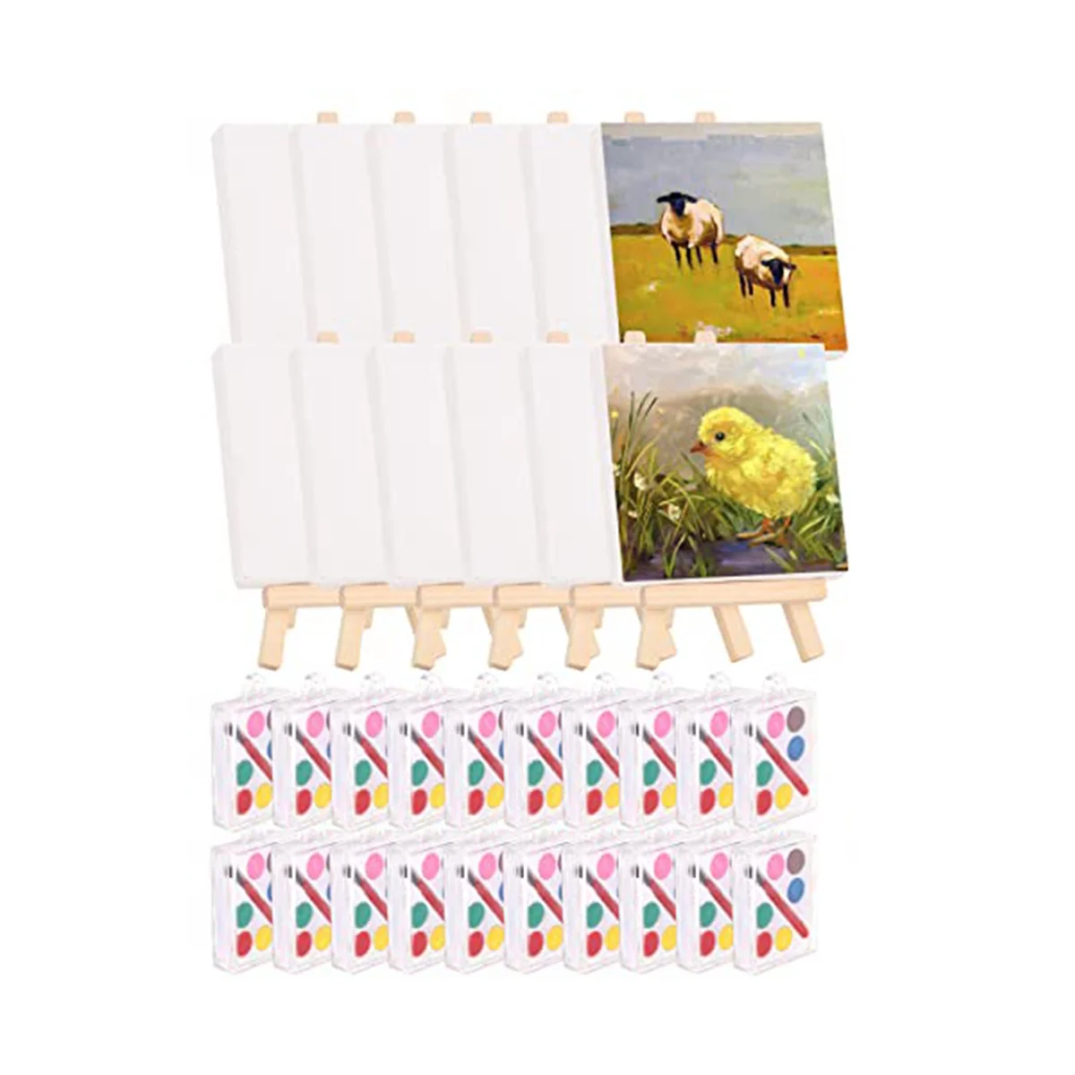 

28 Pack Mini Canvas and Easel Set with Mini Watercolor Paint for Painting, 4X4inch Small Canvases for Painting