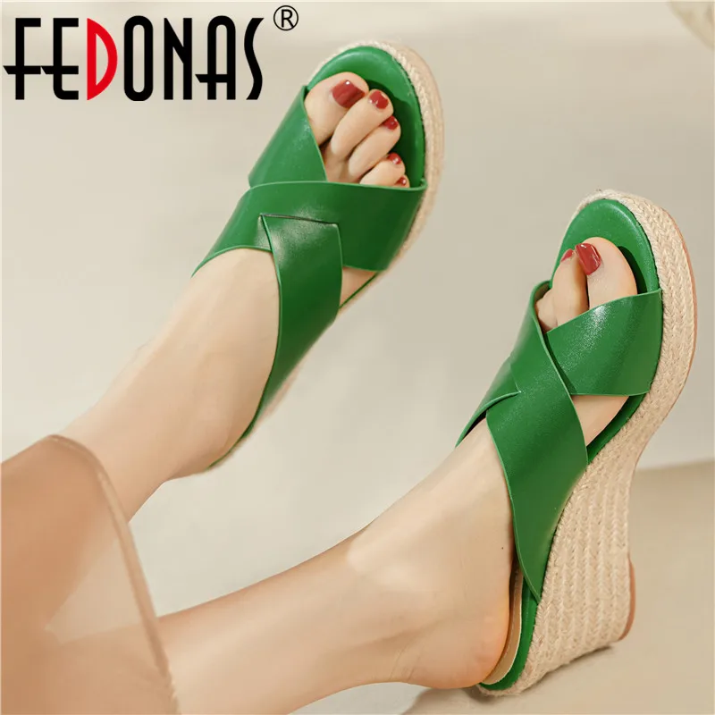 

FEDONAS 2022 Summer Women Sandals Party Casual Platforms Wedges Heels Slippers Fashion Concise Genuine Leather Pumps Shoes Woman
