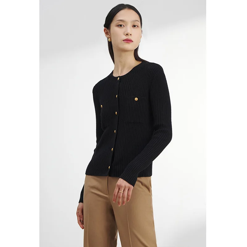 

Women Knitted Sweater 2023 Spring and Summer New Solid Color Button Round Neck Long-sleeved Knitted Cardigan