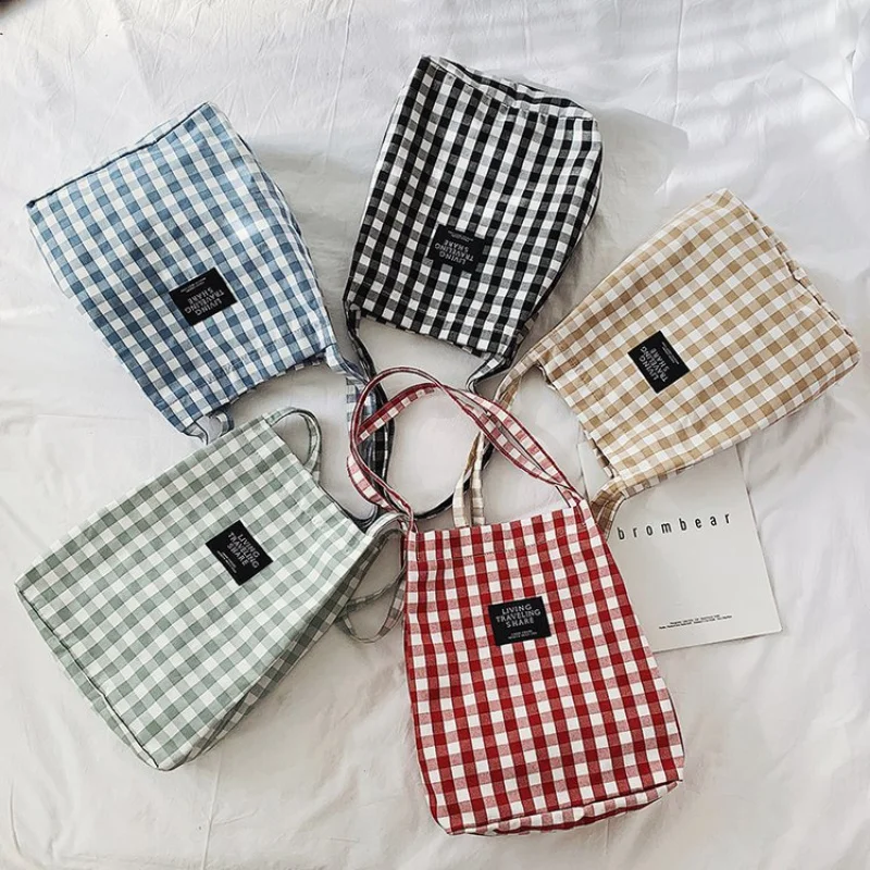 

Fashion Durable Women Student Cotton Linen Single Shoulder Bag Shopping Tote Check Plaid Female Flax Canvas Shopping Bags 2023