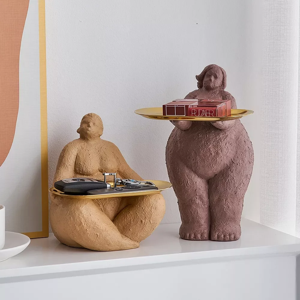 

Abstract Fat Lady Figurines with Tray Sculpture Desk Storage Nordic Home Decor People Statue Decorative Coin Bank Key Storage