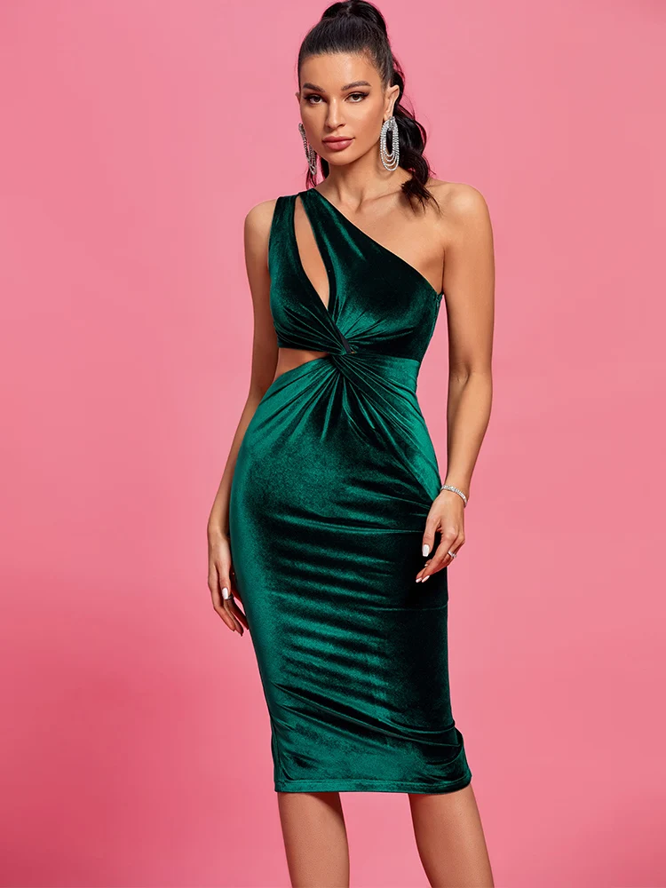 

Вечернее бархатное платье, женское зеленое облегающее платье, элегантный сексуальный клубный наряд средней длины на одно плечо для дня рождения, лето 2023, подиумная Мода