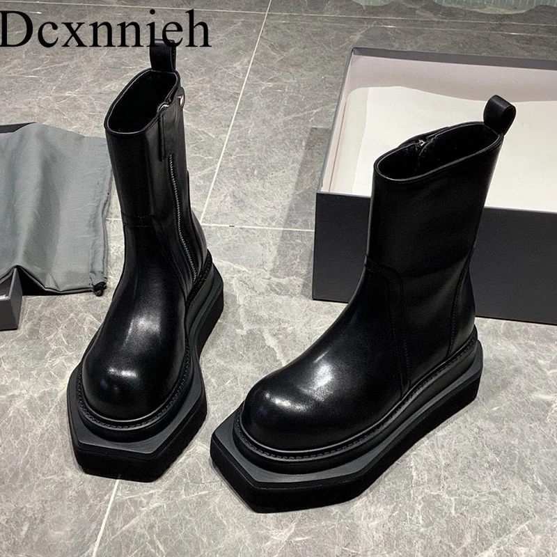 Женские ботильоны из натуральной кожи на толстой плоской подошве с квадратным