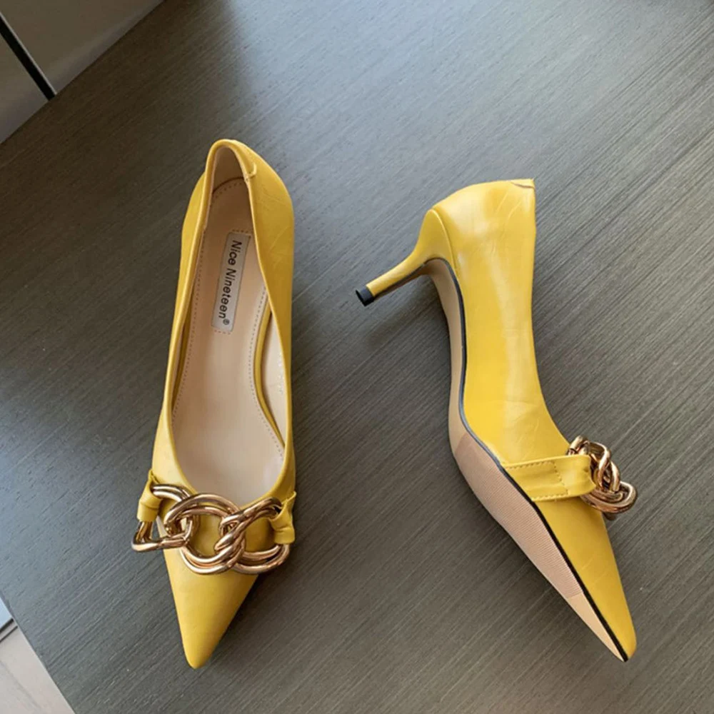 

Women Heels Pointed Toe Pumps Pointed Toe Shallow Slip On Metal Chain Casual Thin High Heels Black White Pink Green Office Pump