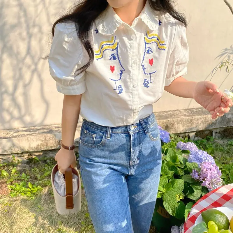 

COIGARSAM Blouse Women Summer French Style Embroidery Peter Pan Collar Blusas Womens Tops And Blouses Dropshipping