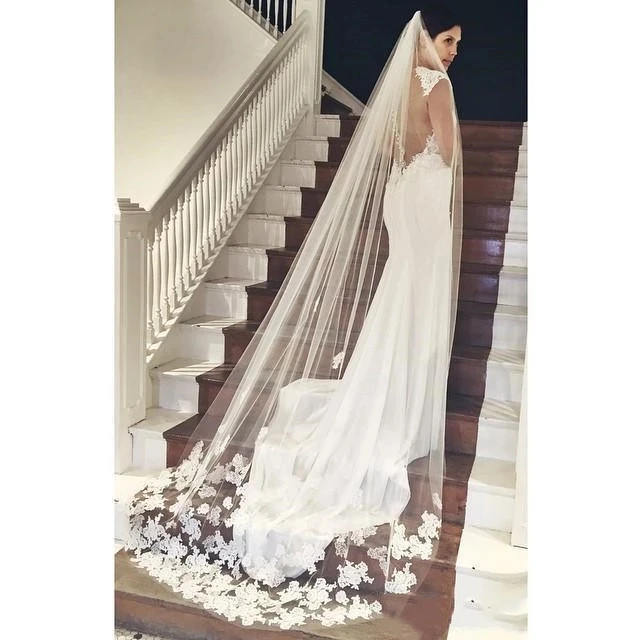 

3 Meters Long bride Veils Cheap Bridal Hair Accessories Chapel Length Applique Tulle Wedding Bridal Veils