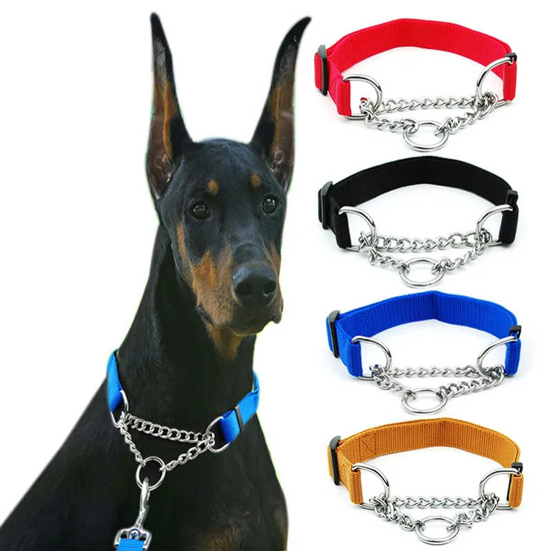 

2022 New Nylon Dog Collar With Welded Link Chain Pet Collars Dogs Training Accessories Adjustable Size Necklace Hot