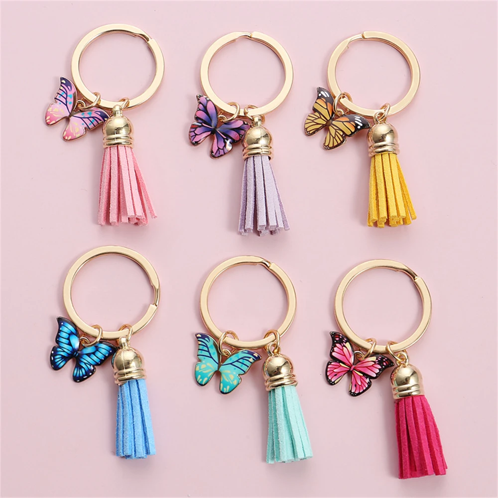 

Leather Oil Drop Butterfly Key Rings Fashion Long Tassel Keychain Car Bag Hanging Pendant Ornaments Gift For Women Girls Trinket
