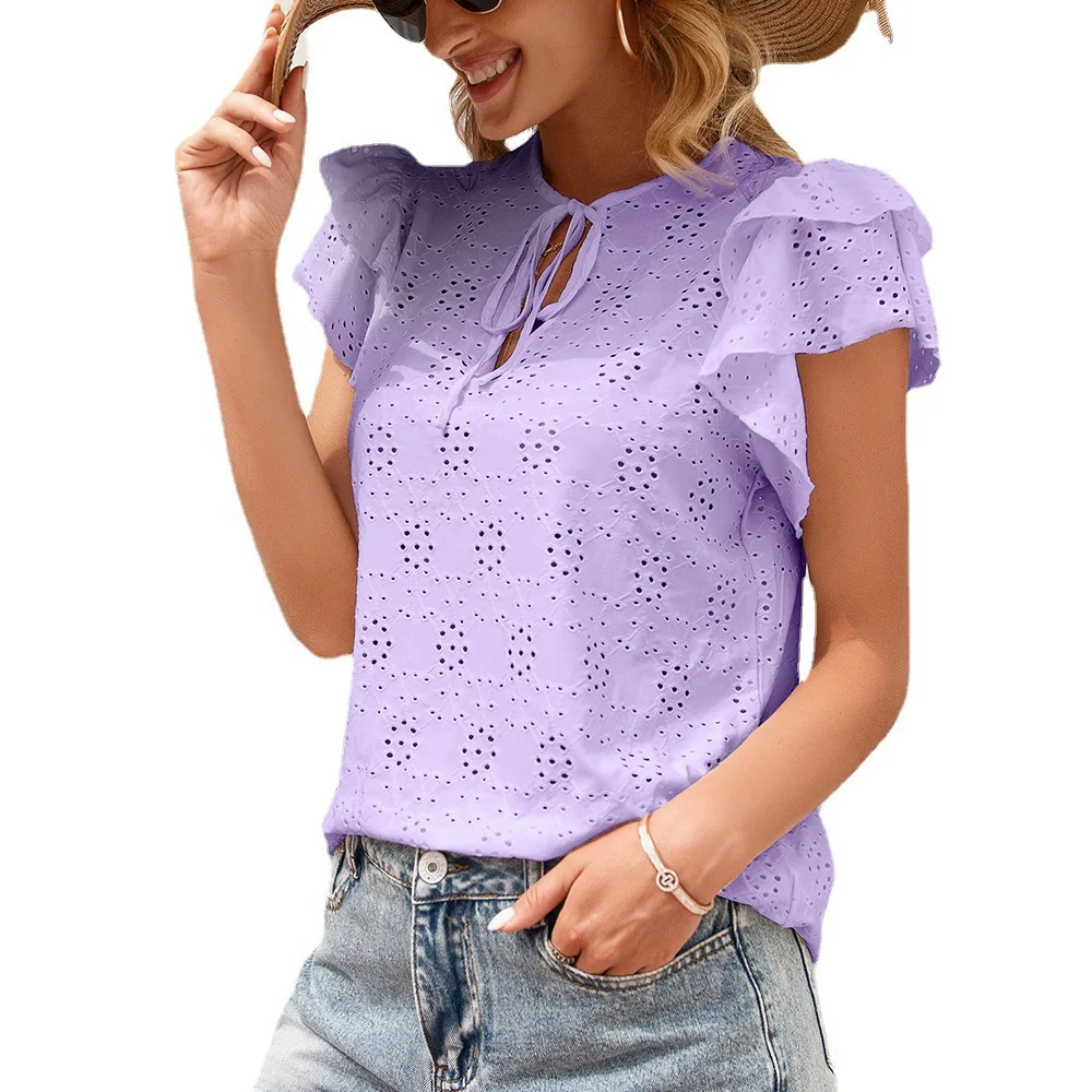 

women's blouse 2022 summer new chain link flower hollow lace solid color shirt round neck lotus leaf sleeve shirt top women