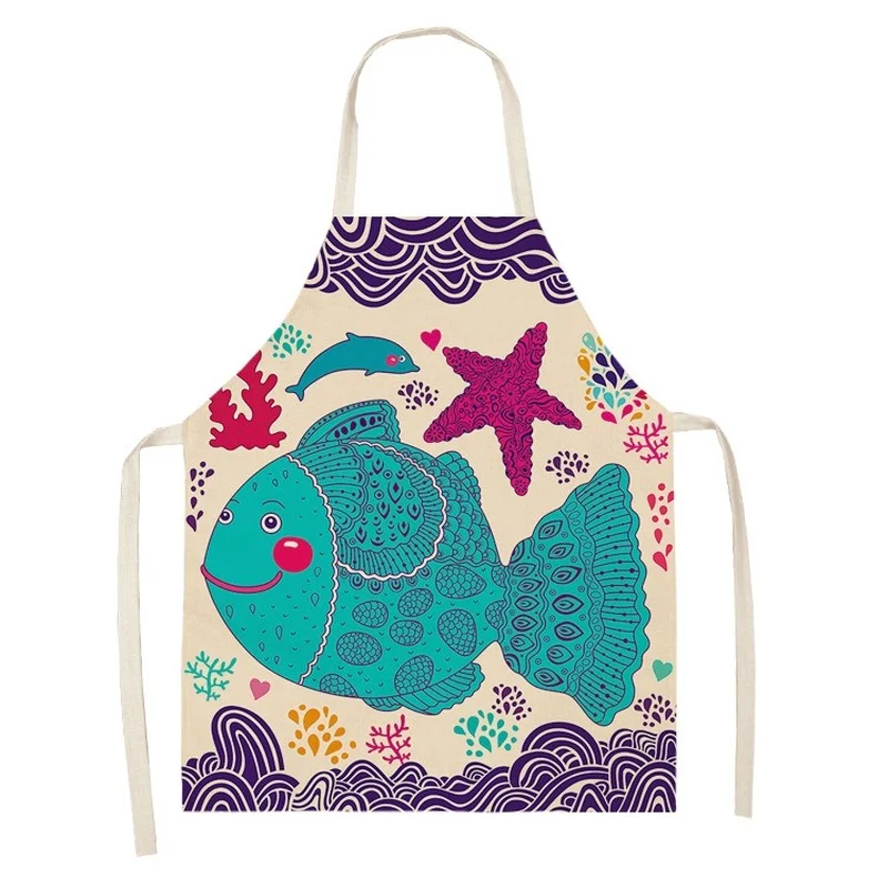 

Cartoon Fish Pattern Cleaning Colorful Aprons Home Cooking Kitchen Apron Cook Wear Cotton Linen Adult Bibs Women Man Kid Apron