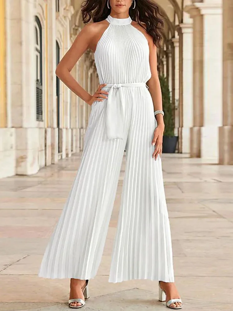 

Women Sexy Off Shoulder Chiffon Party Jumpsuit Elegant Lace-Up Pleated One Piece Romper Casual Wide Leg Loose Playsuit Overalls