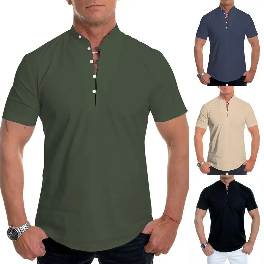 

Fashion Men T-shirt Solid Color Breathable Top Stand Collar Button Shirt