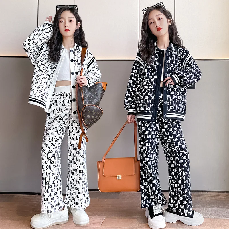 

Fashion Children Sports Set for Girls Korean Letter Print Jackets and Loose Trousers Two Piece Tracksuits Spring White/black Set