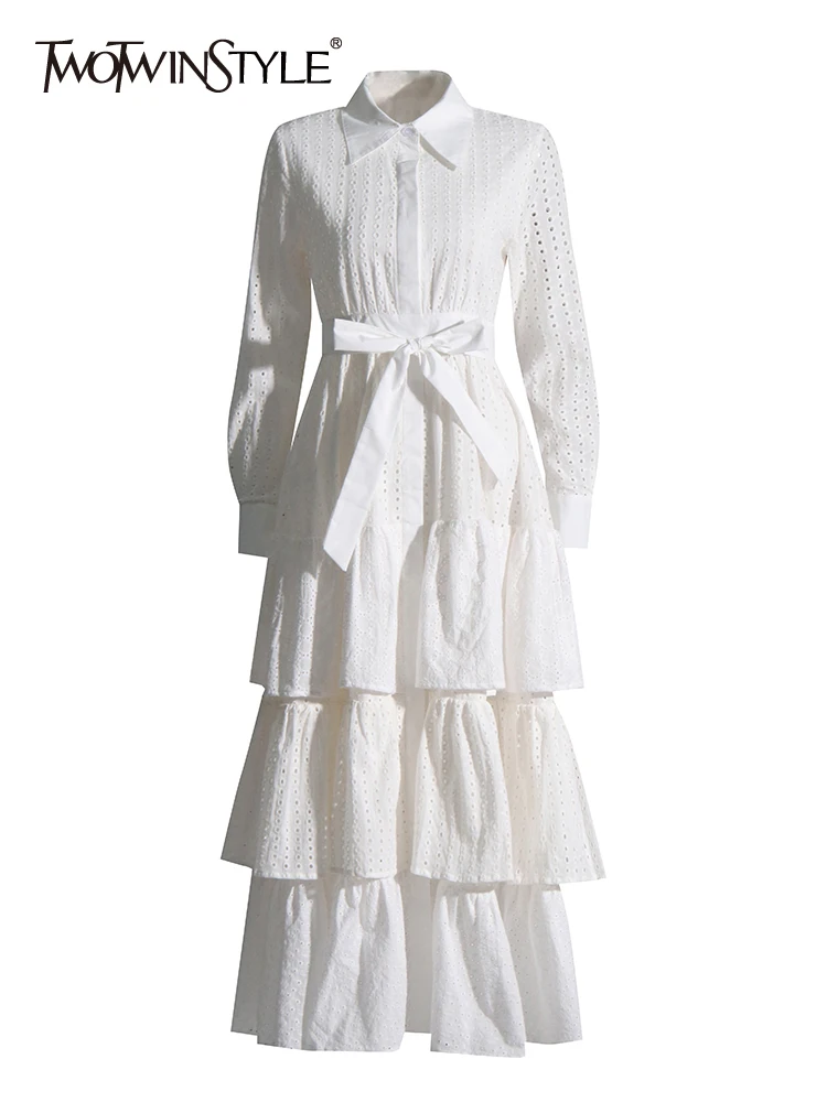 

Женское платье с отложным воротником TWOTWINSTYLE, белое платье с длинным рукавом и высокой талией, 2023