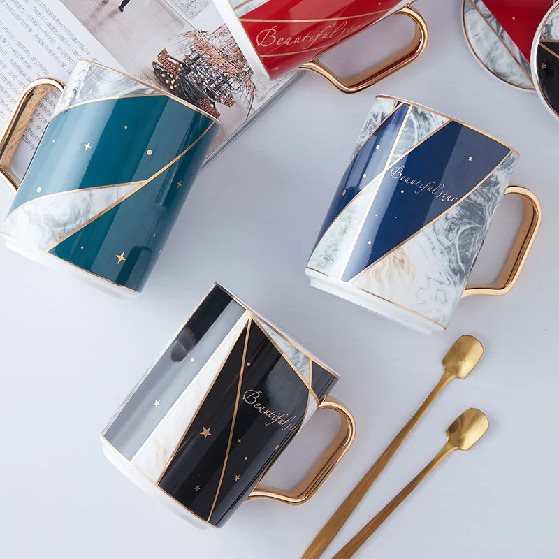 

Creative Gold Gift Box with Cover Spoon Office Coffee Cup Nordic Personalized Marble Ceramic Mug Full of Gold