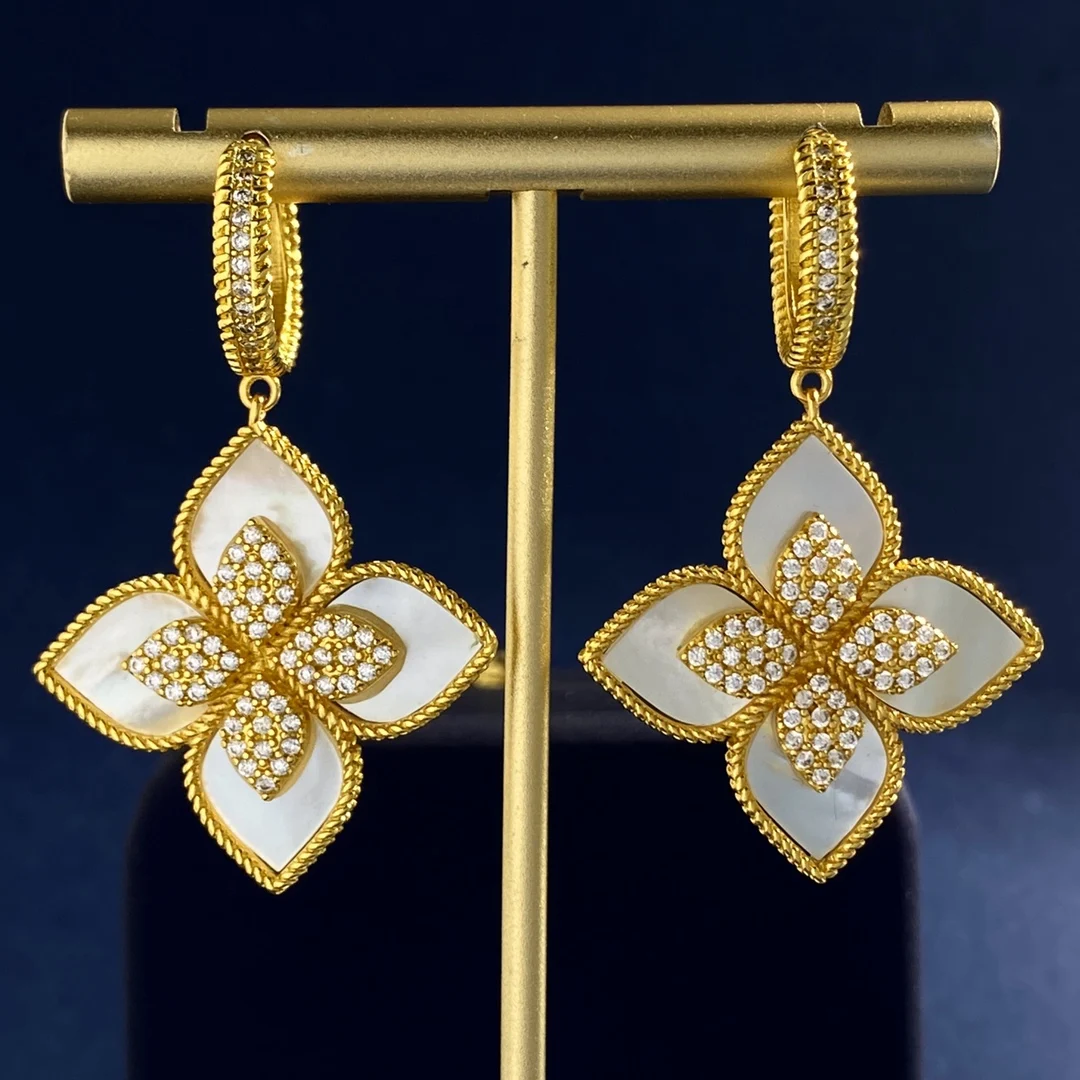 

Roberto Coin Earring Green Flower Pendant Brass Zircon Plated 18 K Gold Luxury Brand Jewelry