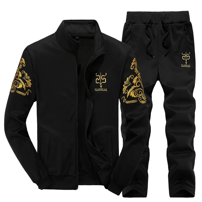 

DE4 Sportwear Suit Sweatshirt Tracksuit Without Hoodie Men Casual Active Suit Zipper Outwear 2PC Jacket+Pants Sets