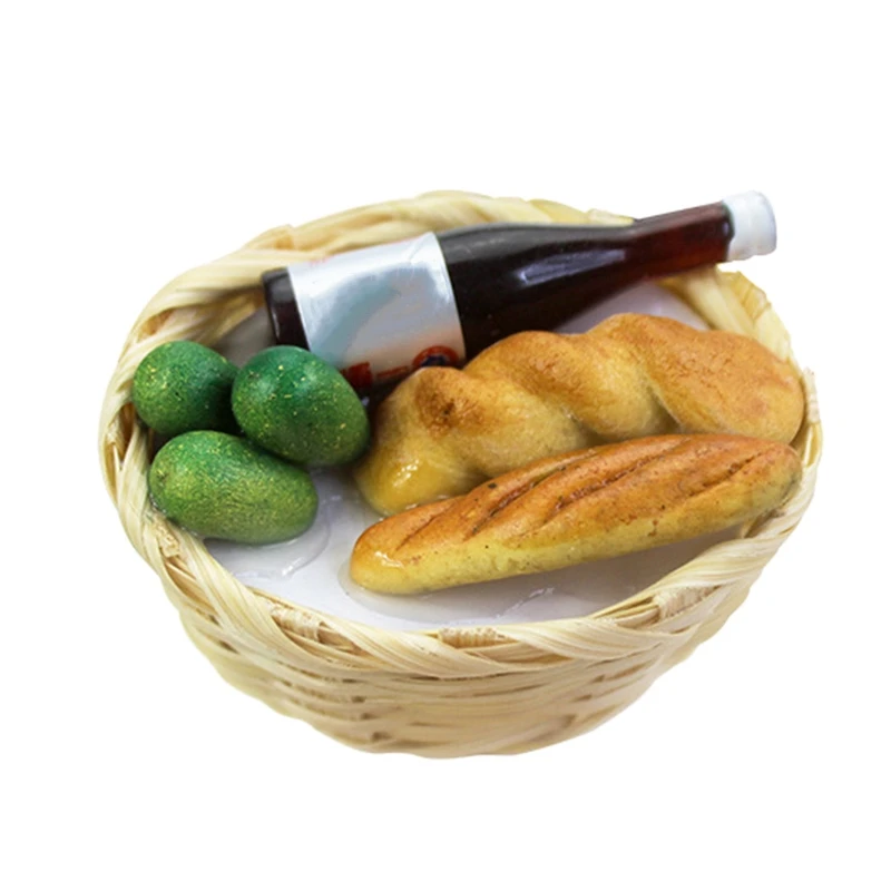 

1:12 миниатюрный кукольный домик, овощной хлеб и вино в корзине, Набор кондитерских изделий, кукольный домик, кухонные аксессуары