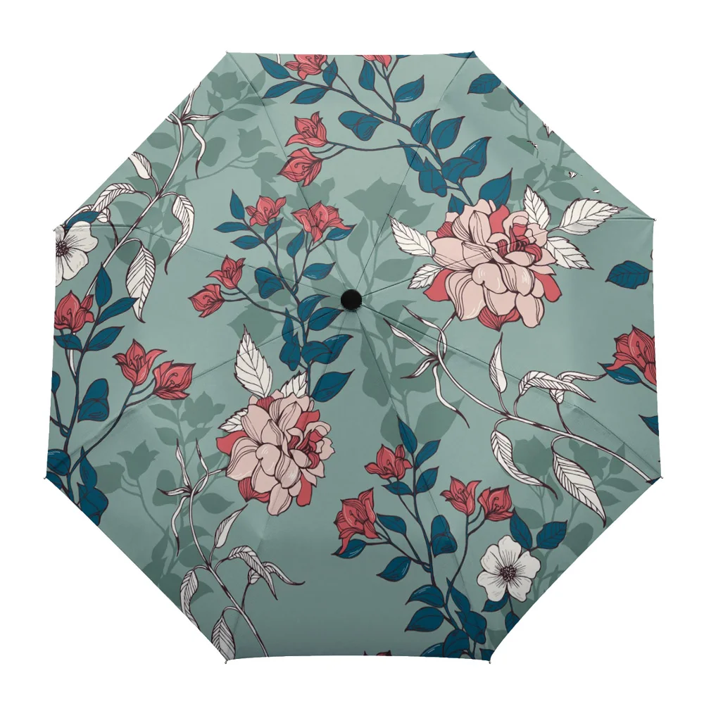 

Plant Flowers Leaves Automatic Umbrella Men Women Rain Windproof Outdoor Travel Sun Three Folding Umbrellas 8 Ribs Gift Parasol