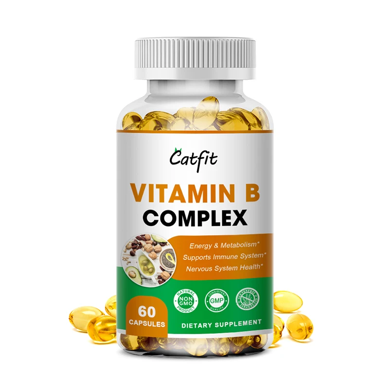 Catfit Vitamin B Complex Capsule B12 B1B2 B3 B5 B6 B7 B9 Folic Acid&Biotin Relieve anxiety Assists Nervous System Health&Energy