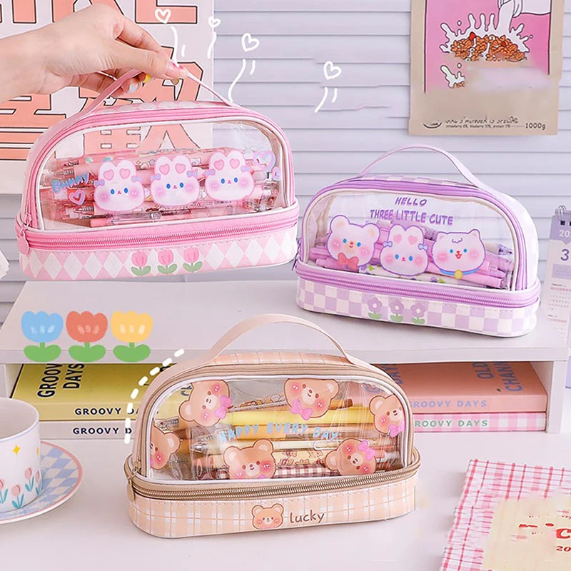 

Прозрачный карандаш большой емкости с мультяшным кроликом и медведем, фоторучка, сумка-Органайзер, сумка для хранения макияжа, портативные канцелярские принадлежности