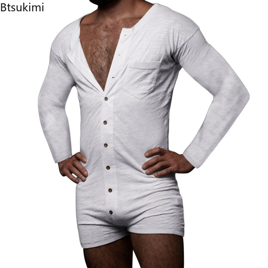 

New 2023 Men's Sexy Pajamas Sets Casual One Piece Men Lon Sleeve Solid Romper Sinle-breasted Jumpsuit Sleepwear Nitwear Male